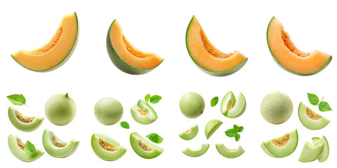 Set of Whole and sliced Honeydew isolated on transparency background