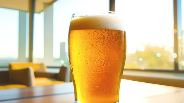 明るい昼間の机に置かれたグラスビール