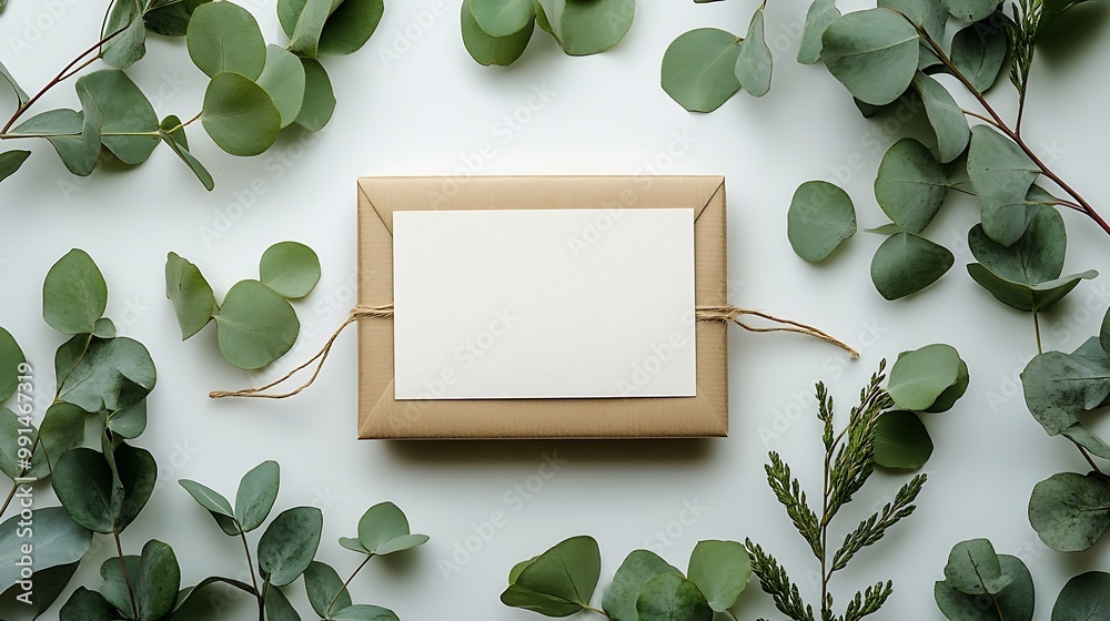 Poster mockup invitation blank greeting card and green leaves eucalyptus flat lay top view : generative ai