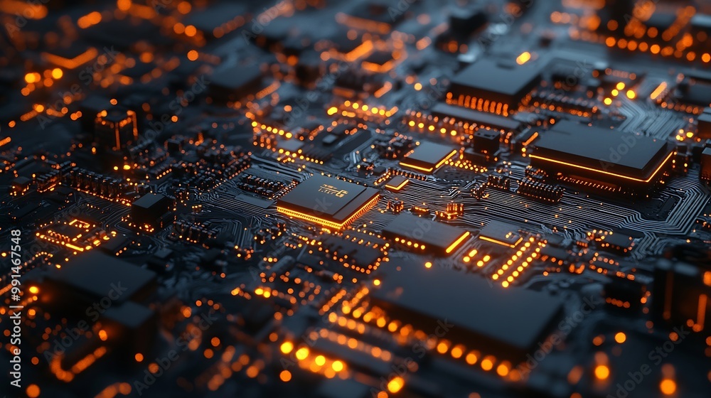 Aufkleber Advanced Technology Concept Visualization Circuit Board CPU Processor Microchip Starting Artificial Intelligence Digitalization of Neural Networking and Cloud Computing Digital Lines M : Generative AI