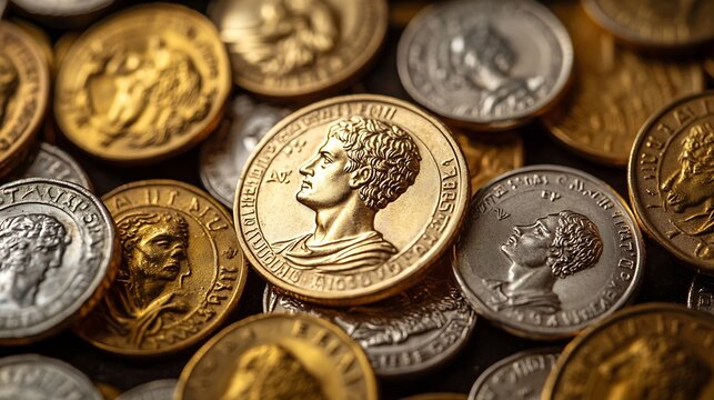 A treasure of Roman gold and silver coinsTrajan Decius AD 249251 AV AureusAncient coin of the Roman EmpireAuthentic  silver denarius antoninianusaureus of ancient RomeAntikvariat : Generative AI