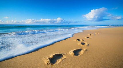 Fresh footprints in the sand leading to the ocean, symbolizing a new path