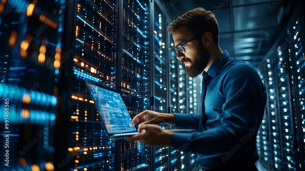 Poster Computer engineer working on laptop computer with server room data center big data storage as backgrounds digital technology database IT support telecommunication internet network tech : Generative AI