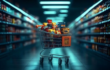 Full Shopping Cart Centered in Grocery Aisle