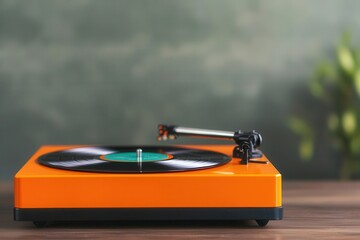 Fototapeta premium Stylish orange turntable with vinyl record on wooden table, blurred green background.