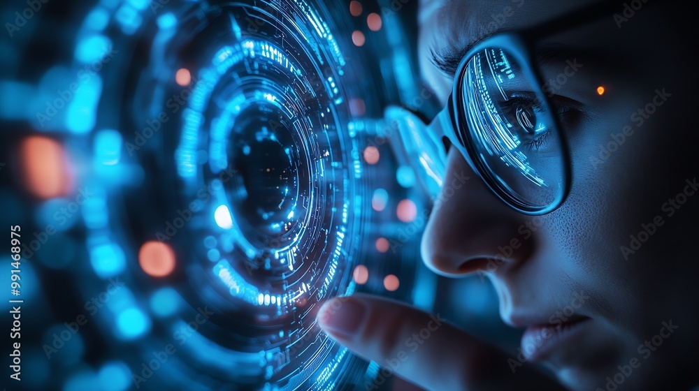 Aufkleber Metaverse and Blockchain Technology Concepts Person with Glasses try to Touching Object for Experiences of Metaverse Virtual World Futuristic Tone : Generative AI