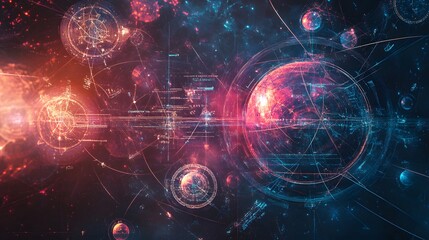 Abstract Cosmic Web with Glowing Planets and Interconnected Lines