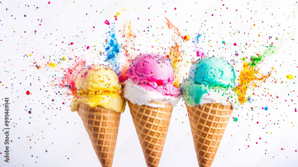 Wall mural colorful ice cream scoops are flying out of a waffle cone, creating a fun explosion of sprinkles and