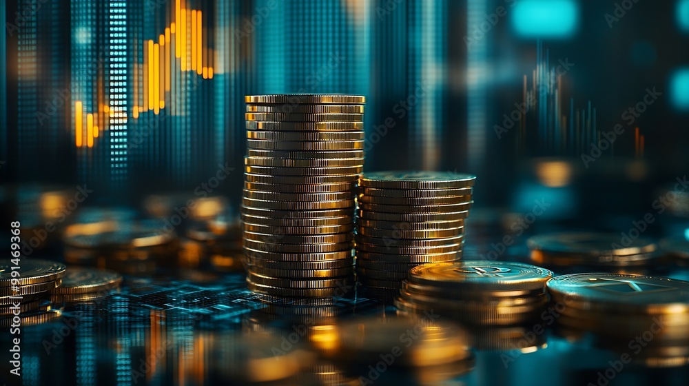 Poster Double exposure image of coin stacks on technology financial graph backgroundEconomy trends background for business financial meltdown Cryptocurrency digital economy : Generative AI