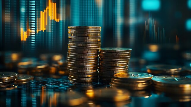 Double exposure image of coin stacks on technology financial graph backgroundEconomy trends background for business financial meltdown Cryptocurrency digital economy : Generative AI