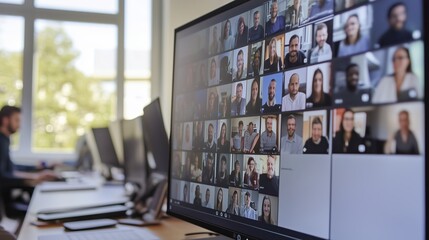 A diverse group of professionals engaged in a virtual meeting across multiple screens in a bright office environment