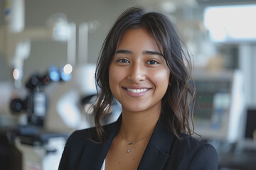 Close-up a young South Asian woman in black suit smiles warmly, happy at work.