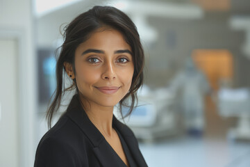 Obraz premium Close-up a young South Asian woman in black suit smiles warmly, happy at work.
