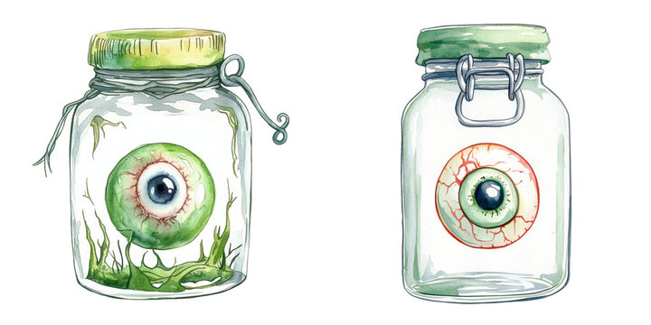 Eyeball preserved in a glass jar with details illustration, isolated on transparent background