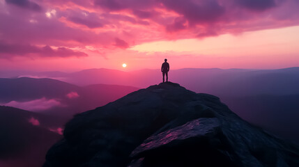 Person standing on a mountaintop at dawn, ready to face new challenges