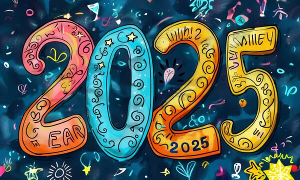 Colorful 2025 celebration artwork featuring playful numbers and cheerful designs
