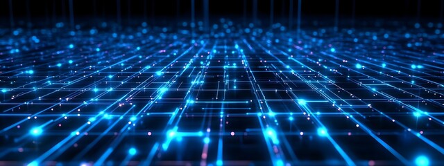 Abstract Digital Grid Background with Glowing Blue Lights