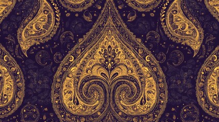 Abstract gold paisley pattern on a dark purple background.