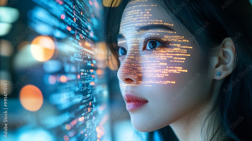 Aufkleber Portrait of Asian Female Startup Digital Entrepreneur Working on Computer Line of Code Projected on Her Face and Reflecting Software Developer Working on Innovative eCommerce App using : Generative AI