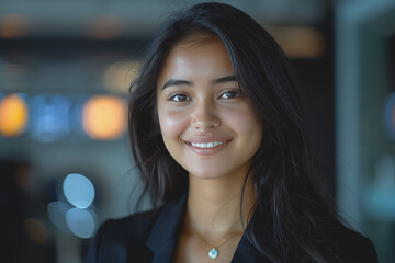 Naklejka premium Close-up a young South Asian woman in black suit smiles warmly, happy at work.