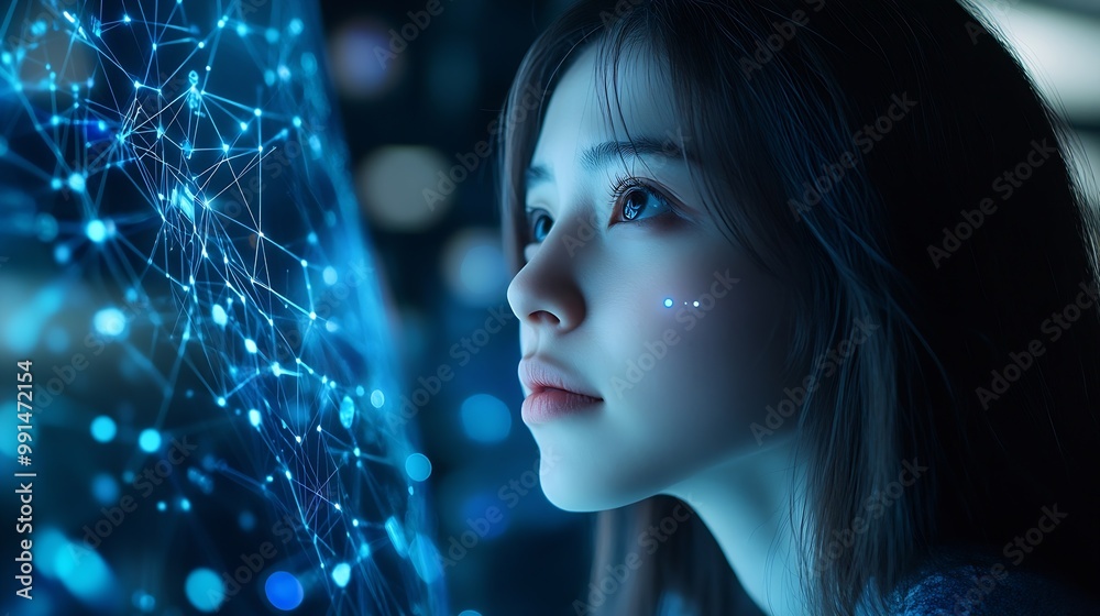 Poster Digital technology internet network connection big data digital marketing IoT internet of things Woman using modern computer surfing internet futuristic metaverse innovative technology : Generative AI