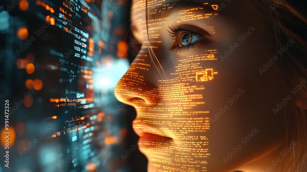 Poster Computer code hologram and woman thinking of data analytics information technology or software overlay at night Laptop solution and IT people with algorithm statistics and cybersecurit : Generative AI
