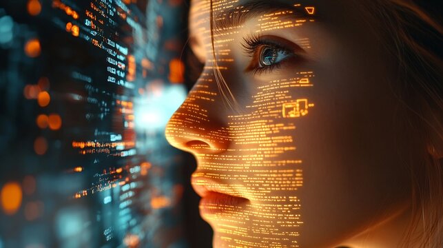 Computer code hologram and woman thinking of data analytics information technology or software overlay at night Laptop solution and IT people with algorithm statistics and cybersecurit : Generative AI