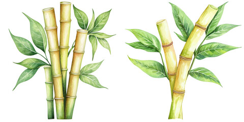 Sugar cane stalks with vibrant green leaves, isolated on transparent background