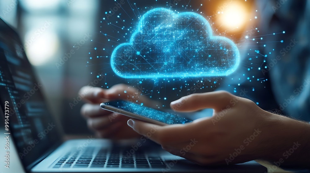Poster Digital technology cloud computing concept Software engineer using mobile smart phone and laptop computer with global network connection Technology innovative and communication concept : Generative AI