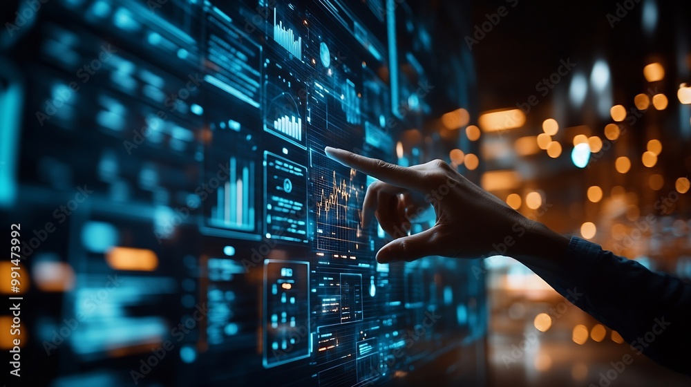 Poster Data science business analysis and strategy big data conceptBusiness teamwork analyzing financial graph on virtual touch screen futuristic technology solution for business development : Generative AI