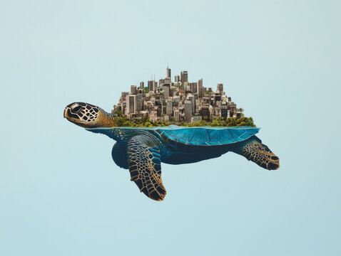 A detailed view of city nestled on turtles back, showcasing unique blend of nature and urban life