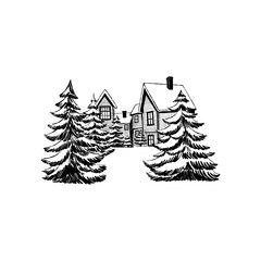 Fototapeta premium Merry Christmas and Happy New Year illustration, for greeting cards, posters, holiday covers. Xmas festive linocut black hand drawn.