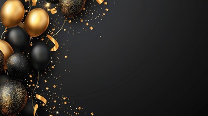 A wide frame of black and gold shiny balloons with sparkling glitter details on a transparent background