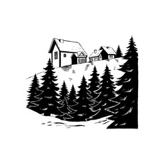 Obraz premium Merry Christmas and Happy New Year illustration, for greeting cards, posters, holiday covers. Xmas festive linocut black hand drawn.
