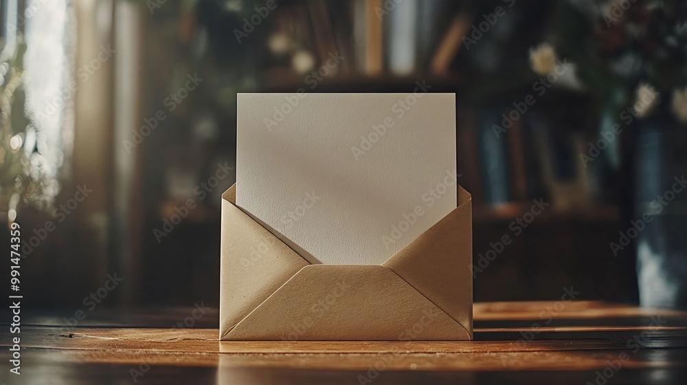 Aufkleber blank white card with kraft brown paper envelope template mock up : generative ai