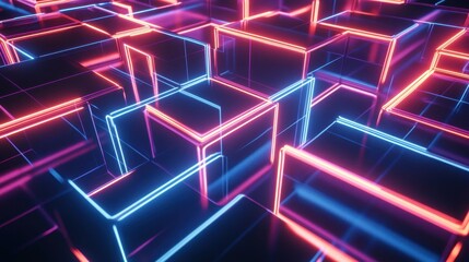 A geometric abstract background of glowing interlocking shapes and vibrant neon lines, forming a futuristic pattern that evokes a sense of technological complexity