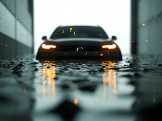 A futuristic electric car stranded in flooded parking area, creating dramatic scene