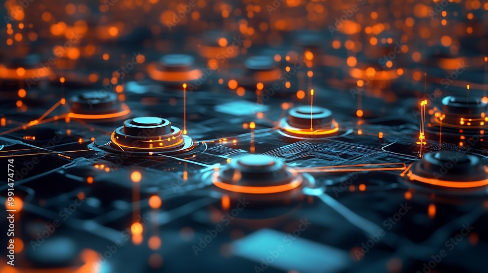 Poster Tech devices connected to each other by businessman on blurred background 3D rendering : Generative AI