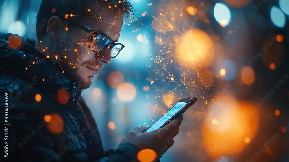 Aufkleber Man using mobile smart phone with global network connection Technology innovative and communication concept : Generative AI