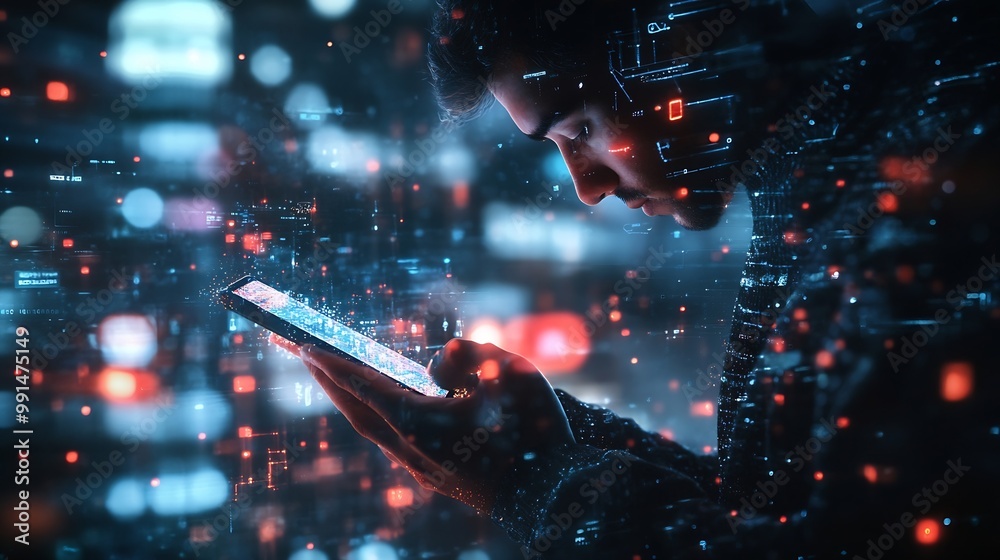Aufkleber Digital technology big data internet network connection futuristic innovation technology background Man using mobile phone and laptop and smart city : Generative AI