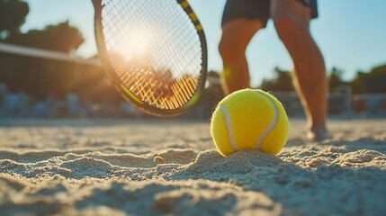 Beach tennis racket and ball Man holding racket with sand and beach tennis ball on court : Generative AI