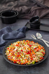 Vibrant Quinoa Salad with Fresh Vegetables, Tangy Citrus Dressing, Crunchy Nuts, Avocado, and a Zesty Herb Infusion.