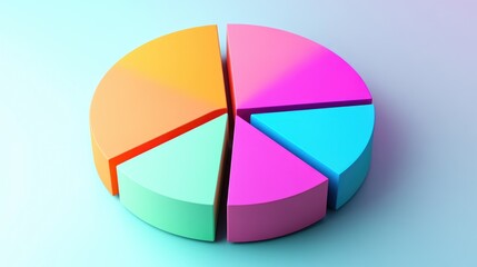 Obraz premium A 3D pie chart in vibrant colors with thick slices, some sections pulled apart for emphasis, placed on a light background with soft shadows for contrast.