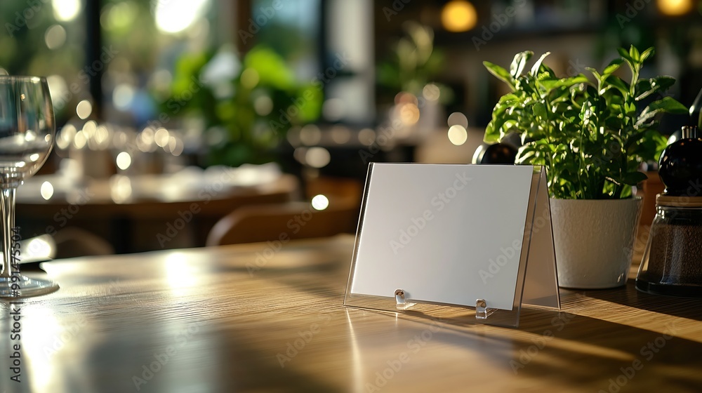 Poster White label on the table Stand for acrylic tent card Used for Menu Bar and restaurant or put everything into it  mockup : Generative AI