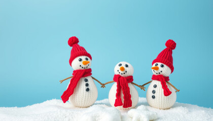 deocrative knitted snowmans on blue background with copy-space