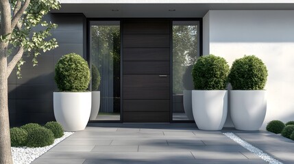 A modern front door with dark wood and glass