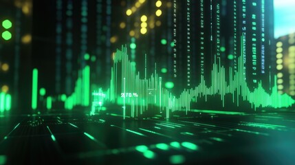 A 3D rendering of stock market graphs with rising green lines, floating percentage symbols, and digital stock tickers, representing strong financial performance.