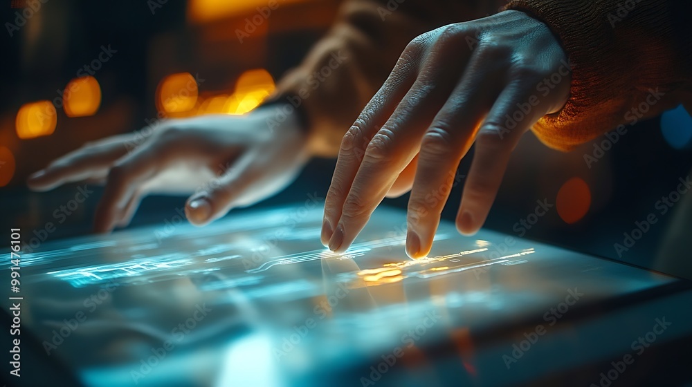 Poster Close up of human hands using virtual panel : Generative AI