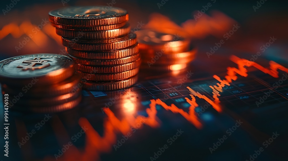 Poster pile of money coin with trading graph financial investment background : generative ai