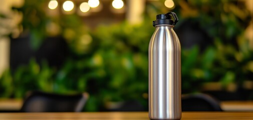 A sleek stainless steel water bottle sitting on a wooden table, surrounded by a lush green background, perfect for promoting hydration and eco-friendly living.